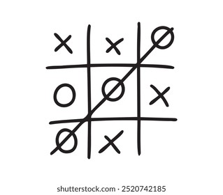 Hand drawn tic tac toe game, doodle X-O children game. Noughts and win. Play tictactoe draw. Vector illustration