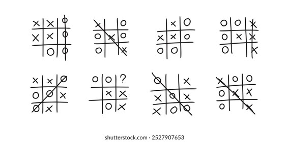 Hand drawn tic tac toe game, doodle X-O children game. Noughts and win. Play tictactoe draw. Vector illustration