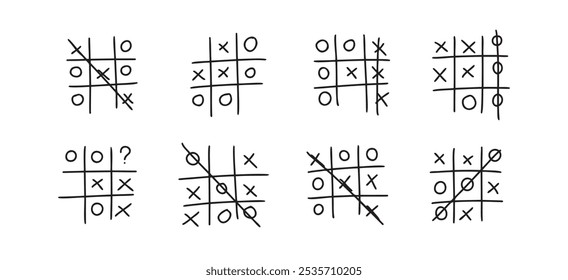 Hand drawn tic tac toe game, doodle X-O children game. Noughts and win. Play tictactoe draw. Vector illustration