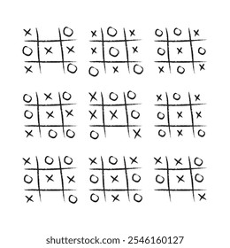 Hand drawn tic tac toe game, doodle X-O children game. Noughts and win. Play tictactoe draw. Vector illustration