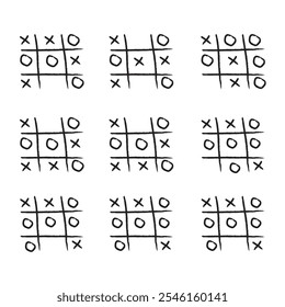 Hand drawn tic tac toe game, doodle X-O children game. Noughts and win. Play tictactoe draw. Vector illustration