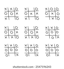 Hand drawn tic tac toe game, doodle X-O children game. Noughts and win. Play tictactoe draw. Vector illustration
