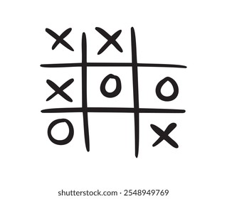 Hand drawn tic tac toe game, doodle X-O children game. Noughts and win. Play tictactoe draw. Vector illustration