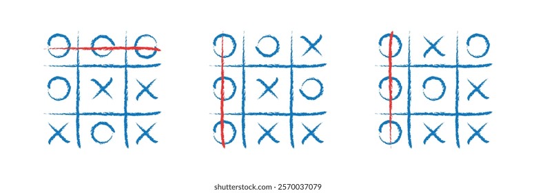 Hand drawn tic tac toe game, doodle X-O children game.  Play tic tac toe draw. Game tic tac toe icon.