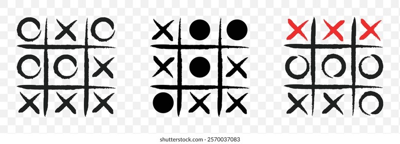 Hand drawn tic tac toe game, doodle X-O children game.  Play tic tac toe draw. Game tic tac toe icon.