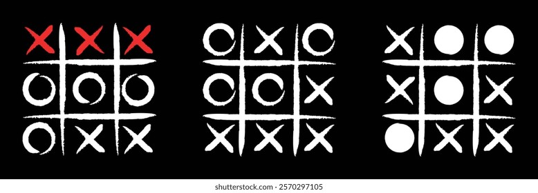 Hand drawn tic tac toe game, doodle X-O children game. Noughts and win. Play tictactoe draw. Tic tac toe.