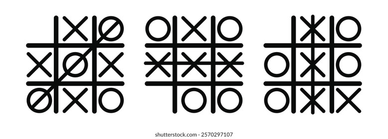 Hand drawn tic tac toe game, doodle X-O children game. Noughts and win. Play tictactoe draw. Tic tac toe.