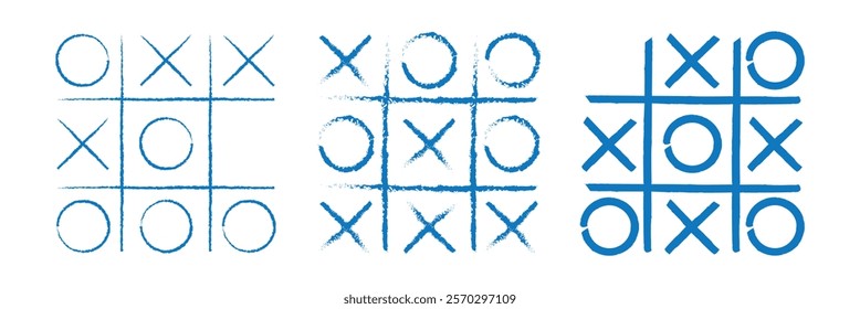 Hand drawn tic tac toe game, doodle X-O children game. Noughts and win. Play tictactoe draw. Tic tac toe.