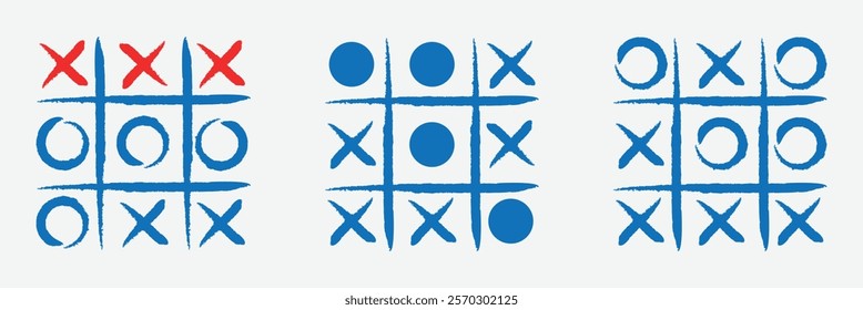 Hand drawn tic tac toe game. X-O children game. Play a tictactoe draw. Noughts and win. tic tac toe.