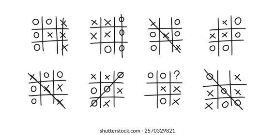 Hand drawn tic tac toe game, doodle X-O children game. Noughts and win. Play tictactoe draw. Vector illustration