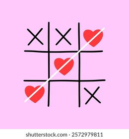 Hand drawn tic tac toe game with hearts. Happy valentine's day card