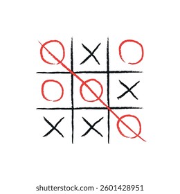 A hand drawn tic tac toe game with a diagonal winning move highlighted in red