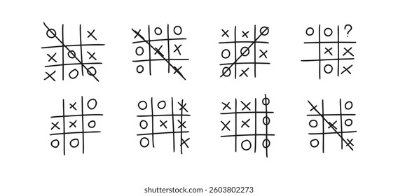 Hand drawn tic tac toe game, doodle X-O children game. Noughts and win. Play tictactoe draw. Vector illustration