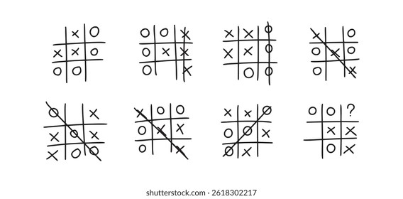 Hand drawn tic tac toe game, doodle X-O children game. Noughts and win. Play tictactoe draw. Vector illustration