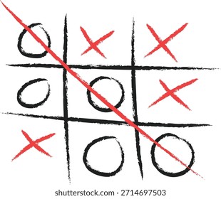 Handgezeichnetes Tic Tac Toe Spielfeld, das einen diagonalen Sieg für den x-Spieler zeigt, der durch eine Linie markiert ist