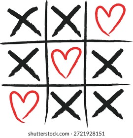 Handgezeichnete Tic Tac Toe Spiel mit roten Herzen versus schwarzen x Marken zeigt eine enge Übereinstimmung