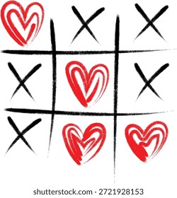 Hand drawn tic tac toe game featuring red hearts versus black x marks showing a close match
