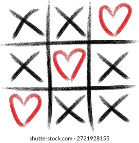 Handgezeichnete Tic Tac Toe Spiel mit roten Herzen versus schwarzen x Marken zeigt eine enge Übereinstimmung