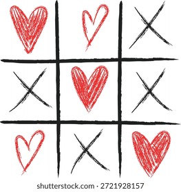Handgezeichnete Tic Tac Toe Spiel mit roten Herzen versus schwarzen x Marken zeigt eine enge Übereinstimmung
