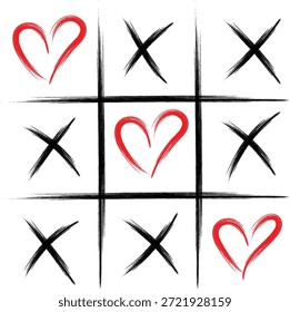 Dibujado a mano tic tac toe juego con corazones rojos contra marcas x negras que muestran un partido cercano