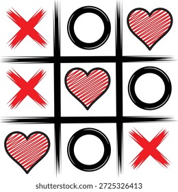 Handgezeichnete Tic Tac Toe Spiel mit roten Xs und Kreise mit Herz-Formen für spielerische Valentinstag Design