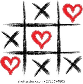 Dibujado a mano tic tac toe juego con corazones rojos contra marcas x negras sobre un fondo blanco