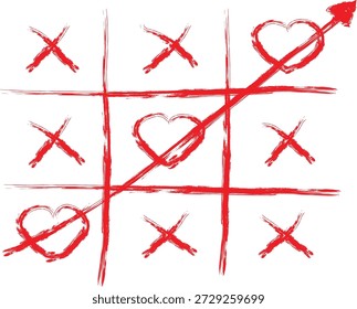 Dibujado a mano Tic Tac Toe juego con símbolos de corazón en estilo de boceto rojo