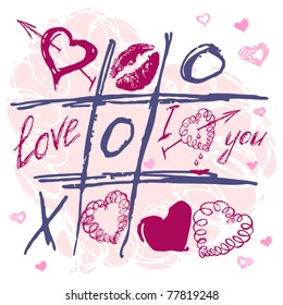 Hand drawn Tic Tac Toe Hearts, Valentine background. The valentine's day. Love heart. Hand-drawn icons symbols. Art vector illustration.