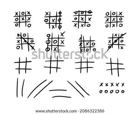 Hand drawn tic tac toe game. X-O children game. Tables and isolated elements for tictactoe. Play a XO draw. Noughts and win. Vector illustration in doodle style on white background. Stock photo © 