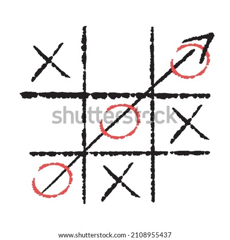 Hand drawn tic tac toe game. X-O children game. Win in tictactoe. Vector illustration in doodle style on white background.
