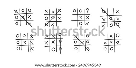 Hand drawn tic tac toe game, doodle X-O children game. Noughts and win. Play tictactoe draw. Vector illustration