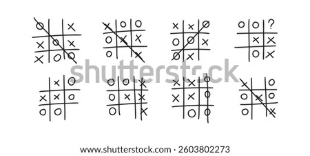 Hand drawn tic tac toe game, doodle X-O children game. Noughts and win. Play tictactoe draw. Vector illustration