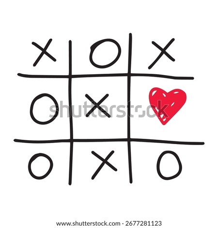 Hand drawn tic tac toe vector illustration with red heart, crosses and circles, romantic doodle board design for playful Valentine’s Day concept.