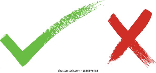 Hand drawn of tick and cross brush signs isolated on white