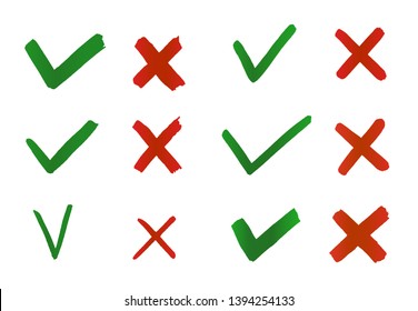 Hand drawn Tick and Cross. Check marks indication for concept yes and no. Vector graphic elements isolated on white background