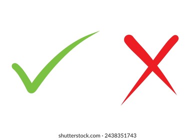 Hand drawn tick and x icons set. Stylish check mark icon set in green and red color, vector illustration. True and False symbols accept rejected for evaluation. Doodle style signs isolated on white.