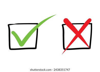 Conjunto de iconos de X y marca dibujada a mano. Elegante icono de marca de verificación en color verde y rojo, ilustración vectorial. Los símbolos True y False aceptan rechazados para la evaluación. Señales de estilo Doodle aisladas en blanco.