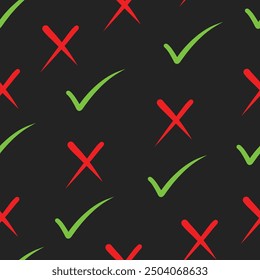 Hand drawn tick and x icons set. Stylish check mark icon set in green and red color, vector illustration. True and False symbols accept rejected for evaluation. Doodle style signs isolated on black.