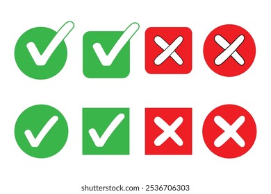 Dibujado a mano tick y x iconos conjunto. Elegante icono de marca de verificación establecido en color verde y rojo, Ilustración vectorial. Los símbolos True y False aceptan rechazados para evaluación. Señales de estilo Doodle aisladas en blanco.