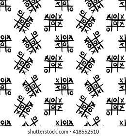 Fondo dibujado a mano con tic-tac-toe. Ilustración de tinta. Patrón de formas cruzadas sin fisuras dibujado a mano. Ilustración de doodle de tinta de pincel seco y bordes ásperos.Fondo del vector abstracto