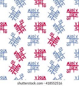 Hand drawn tic-tac-toe background. Ink illustration. Hand drawn seamless cross shapes pattern. Dry brush and rough edges ink doodle illustration. Abstract vector background