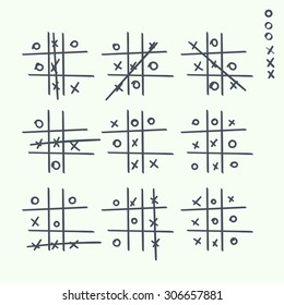 Hand drawn tic-tac-toe elements.  Grid game, cross, toe. 