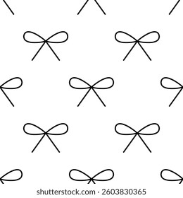 Hand drawn tied bow seamless pattern. Single line illustration. Line art bow tie. Tied ribbon in doodle style. Outline Decoration element. Isolated on white. Textile, fabric, texture design. Vector
