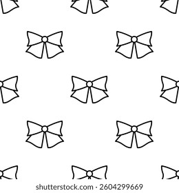 Hand drawn tied bow seamless pattern. Single line illustration. Line art bow tie. Tied ribbon in doodle style. Outline Decoration element. Isolated on white. Textile, fabric, texture design. Vector