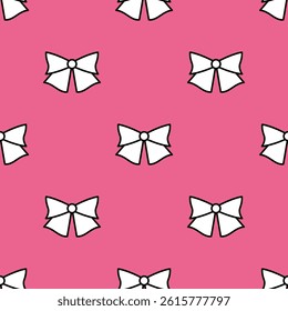 Hand drawn tied bow seamless pattern. Single line illustration. Line art bow tie. Tied ribbon in doodle style. Outline Decoration element. Pink core Textile, fabric, texture design. Vector