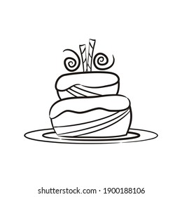 Hand drawn tiered birthday cake, black and white coloring. Sweet  cake with cinnamon sticks. Contour vector illustration on the theme of birthday, anniversary, holiday.