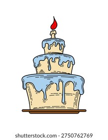 Hand drawn tiered birthday cake illustration with melting blue icing n candle. Cute doodle style dessert graphic, isolated on white background, perfect for celebration, bakery, greeting design.
birthday cakes, hand drawn, doodle style, melting icing, candle, party dessert, cartoon, bakery sweet food, festive dessert, kids party, pastry, baking, confectionery, greeting card, celebration design, flat illustration, simple drawing, playful style, pastel colors, white background, isolated, clipart, cake icon, digital illustration, food graphic, cheerful, cute illustration, baking theme, celebration icon, food art, minimal style, cute doodle, party decoration, icon, dessert design, 