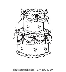 Hand drawn tiered wedding cake sketch, two layer cake with bows, hearts, ruffles and garland decoration, romantic celebration line art, black ink isolated on white