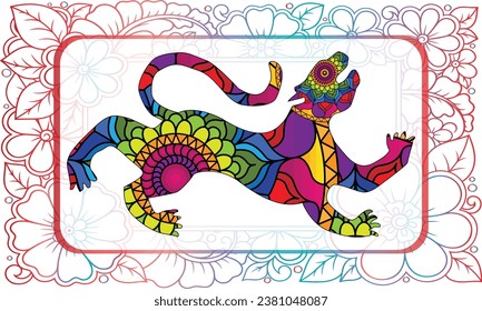 Hand drawn tiger against floral pattern background for adult coloring book. Chinese new year astrological sign, horoscope and zodiac vector symbol, graphic linear illustration, vintage engraved style