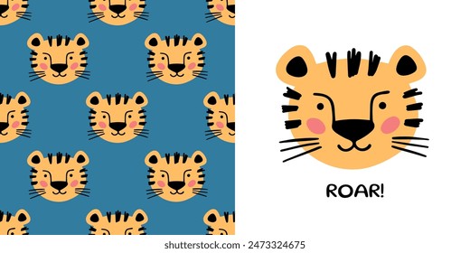 Hand drawn tiger for baby clothes. Vector illustration in doodle style. Postcard with tiger and seamless pattern.